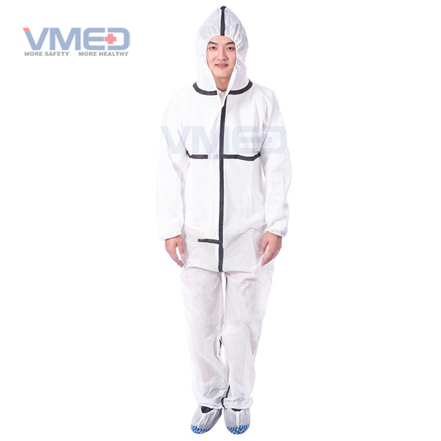 Disposable Type Sms White Coverall With Black Adhesive Strip From